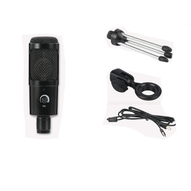 Black Trendoligy USB condenser microphone with volume knob, tripod stand, mount, and USB cable on white background