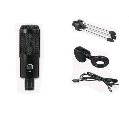 Black Trendoligy USB condenser microphone with volume knob, tripod stand, mount, and USB cable on white background