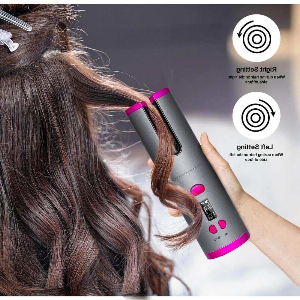 Hand holding cordless automatic hair curler styling brown hair with right and left curl direction icons