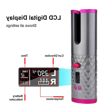 Gray and pink cordless automatic hair curler with LCD digital display showing temperature and settings