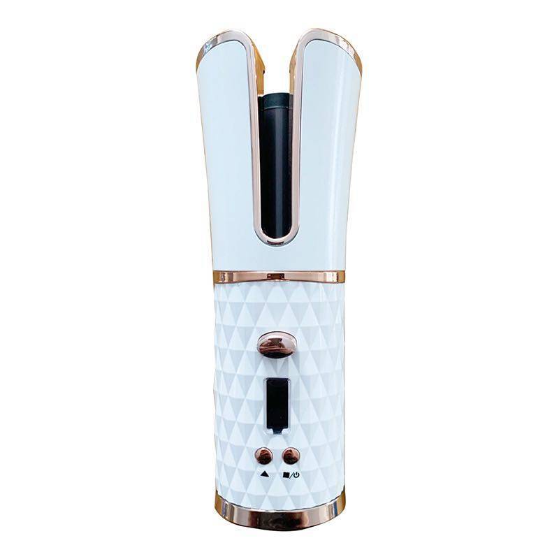 White and rose gold cordless automatic hair curler with textured handle and control buttons