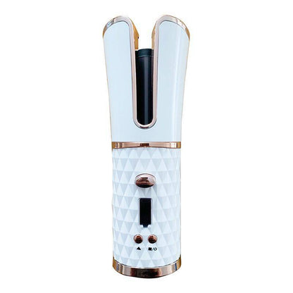White and rose gold cordless automatic hair curler with textured handle and control buttons