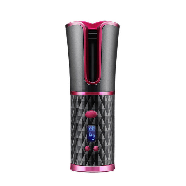 Rechargeable wireless automatic hair curler with digital display and pink-black design