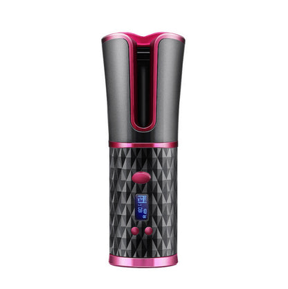 Rechargeable wireless automatic hair curler with digital display and pink-black design