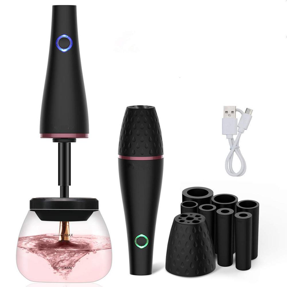 Black electric makeup brush cleaner with water container, multiple adapters, and USB charging cable
