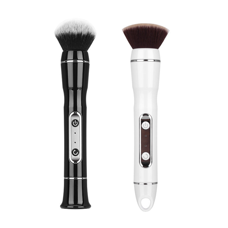 Black and white electric makeup brushes with soft bristles and power buttons on white background