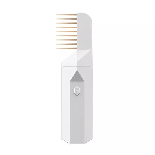 White electronic hair lice comb with gold metal teeth and power button on handle
