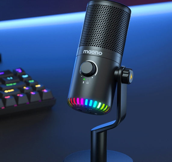 Maono black gaming microphone with RGB light stand and colorful backlit keyboard