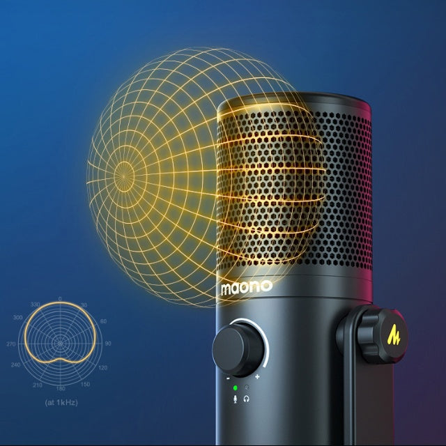 Maono black gaming microphone with noise-cancelling feature and cardioid polar pattern illustration