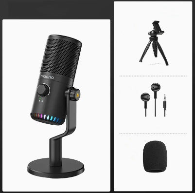 Black Magno Trendoligy gaming microphone with noise cancelling, RGB lights, stand, tripod, earbuds, and foam cover