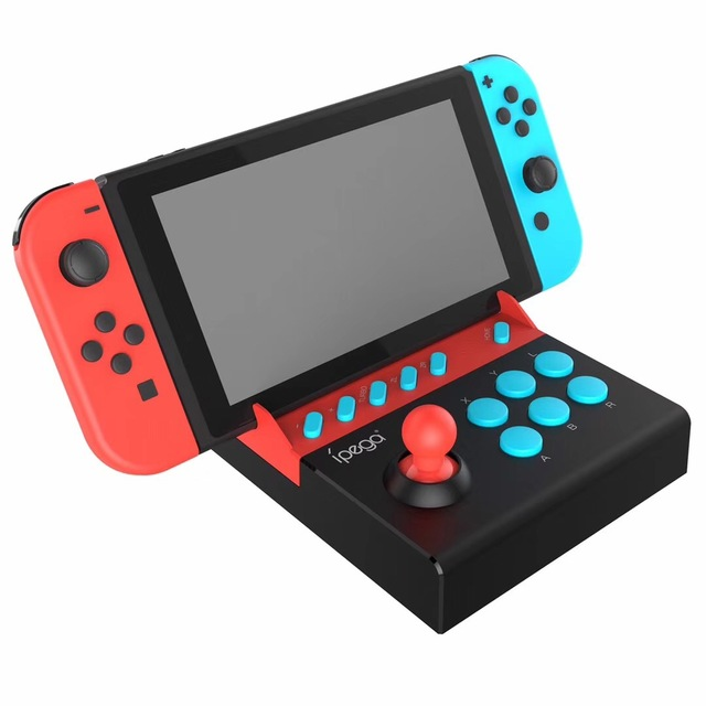 iPega black fighting stick controller with red joystick and blue buttons for Nintendo Switch