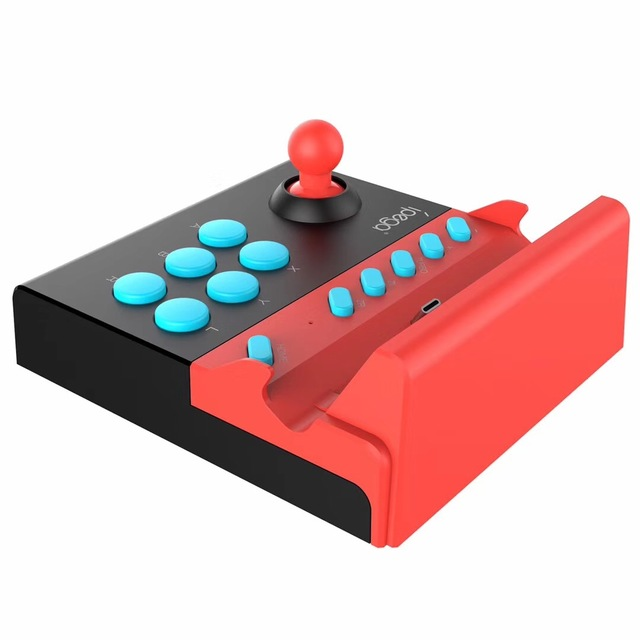 Red and black Trendoligy fighting stick controller with blue buttons and red joystick for Nintendo Switch