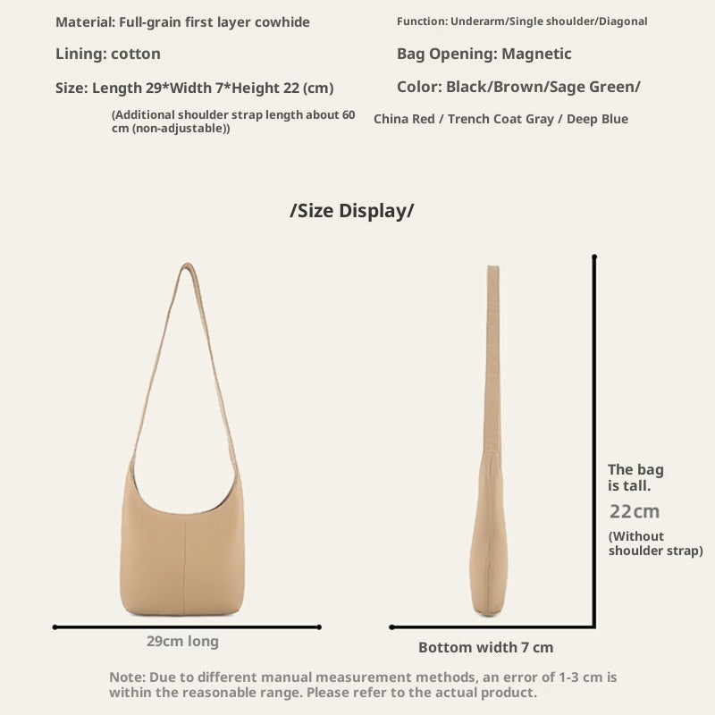 Beige full-grain leather crossbody bag with magnetic closure, 29x7x22 cm size, minimalist design