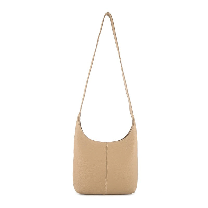 Beige genuine leather minimalist casual women's crossbody bag with a long strap