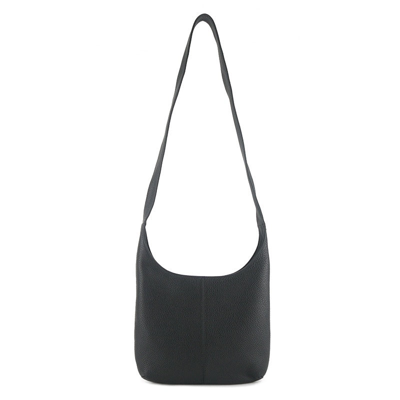 Black genuine leather minimalist women's crossbody bag with long strap