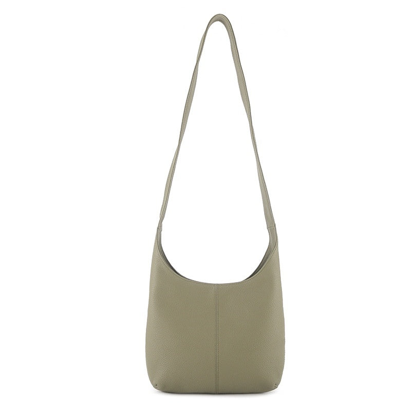 Minimalist light olive green genuine leather crossbody bag with long strap and smooth texture