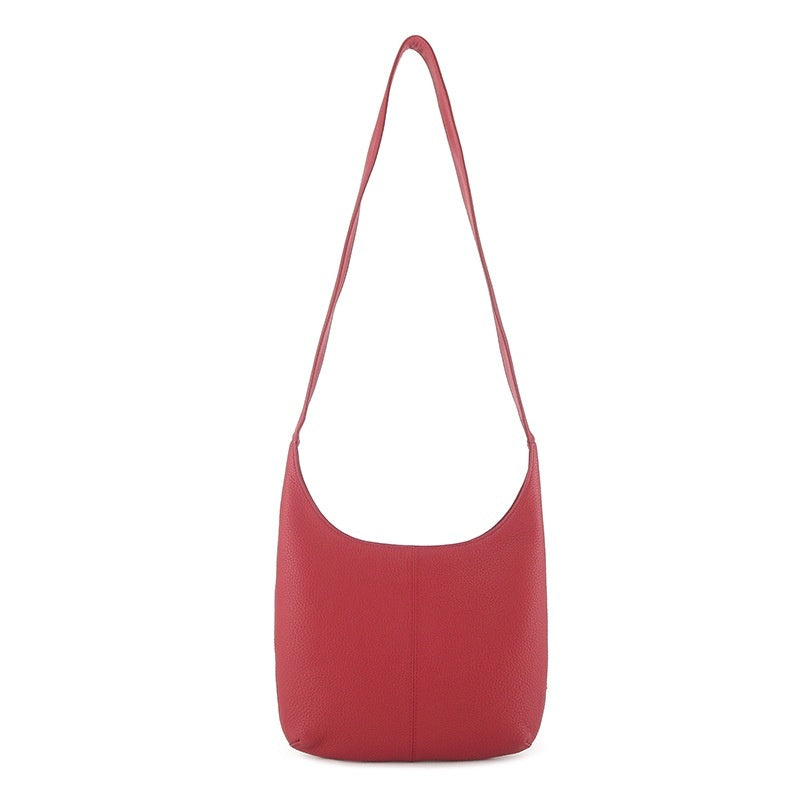 Minimalist red genuine leather casual crossbody bag for women with long strap