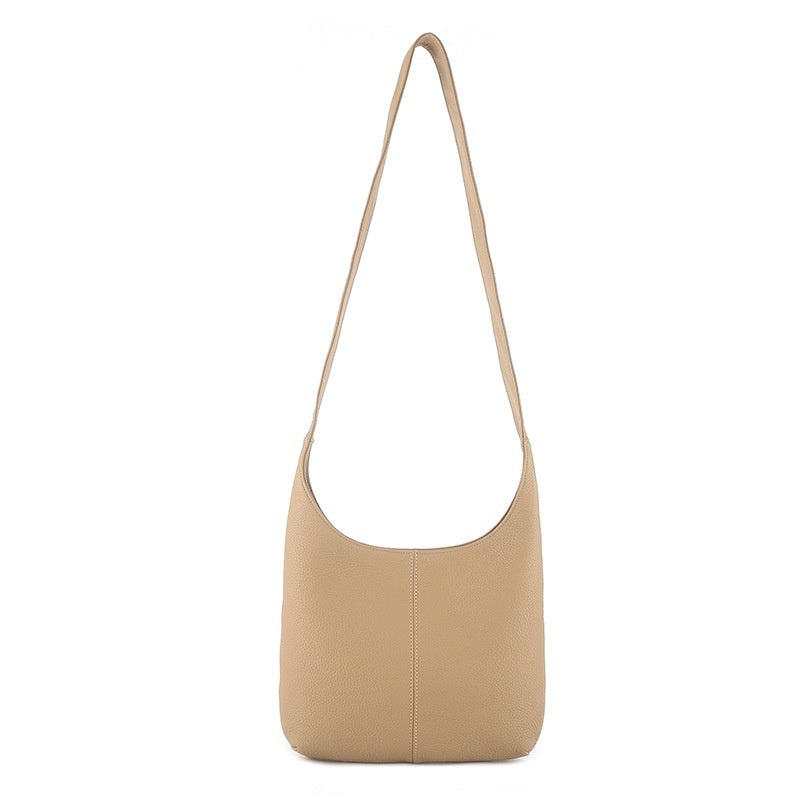Beige genuine leather minimalist crossbody bag for women with long strap