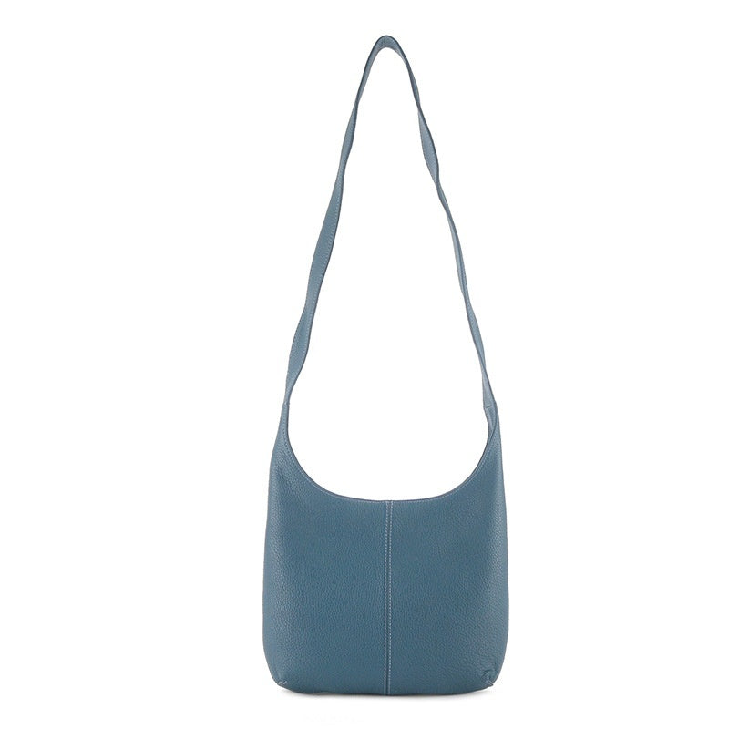 Minimalist blue genuine leather casual crossbody bag for women with long shoulder strap