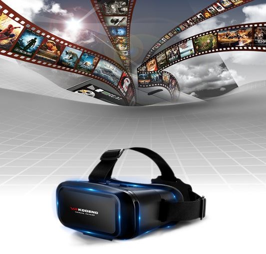 Black Kodeng VR headset with blue LED lights under flowing 3D movie filmstrip and cloudy sky background