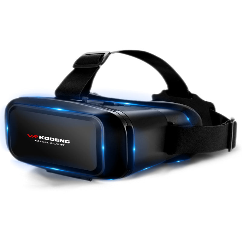 Black VR Kodeng virtual reality headset with blue LED lights and adjustable head strap