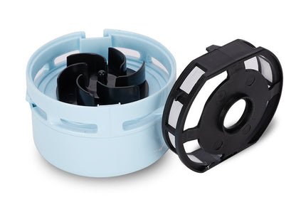 Black and light blue plastic vacuum cleaner filter components on white background