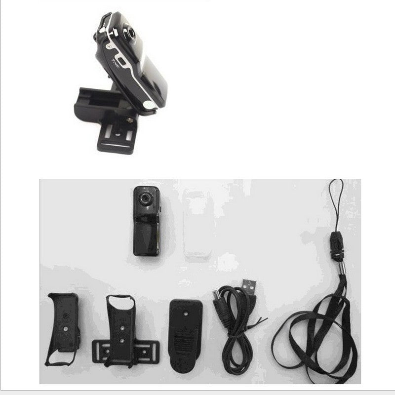Black Trendoligy mini HD DV camera with mount, USB cable, strap, and accessories on white background