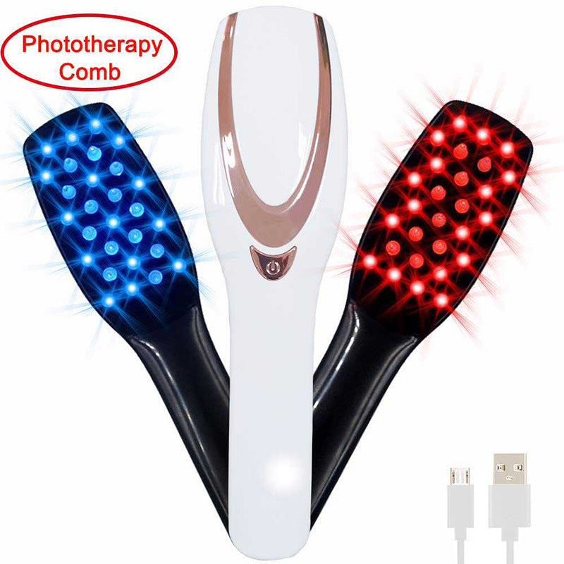 Black phototherapy comb with red and blue LED lights, white vibration scalp massager, USB cable