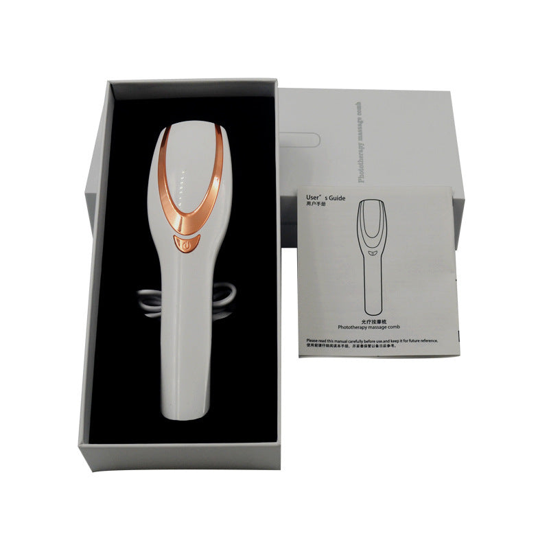 White and rose gold phototherapy massage comb in box with user guide and packaging