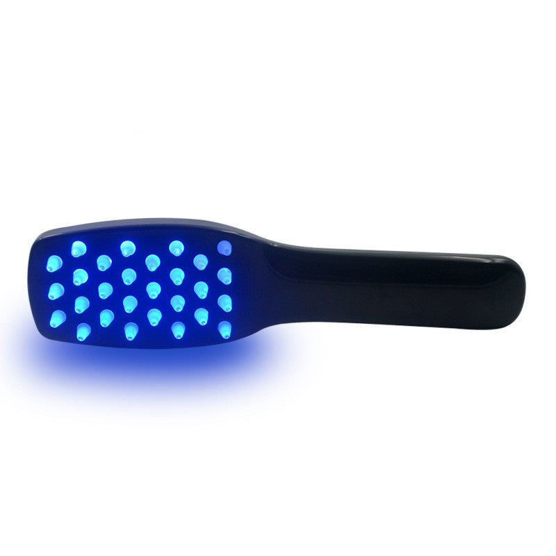 Black phototherapy comb with blue LED lights for scalp treatment, handheld design