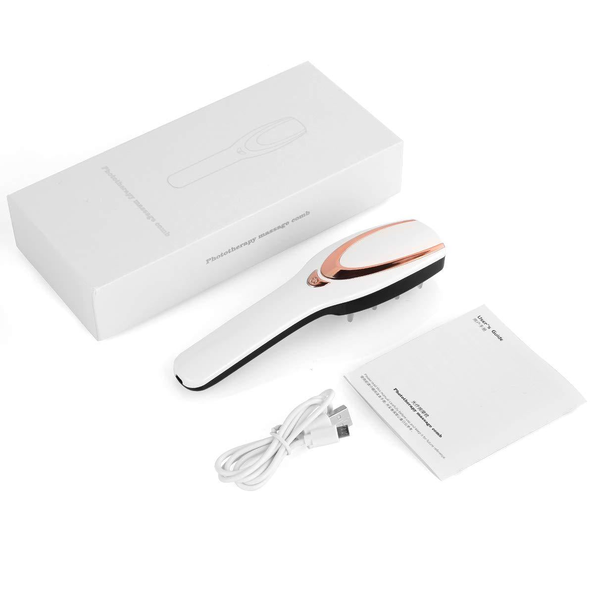 White and rose gold phototherapy massage comb with USB cable, user guide, and packaging box