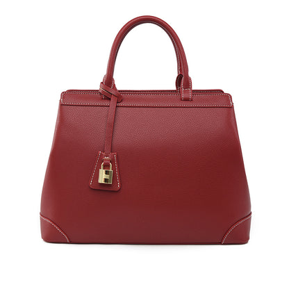 Elegant red PU leather vertical square handbag with gold lock and white stitching