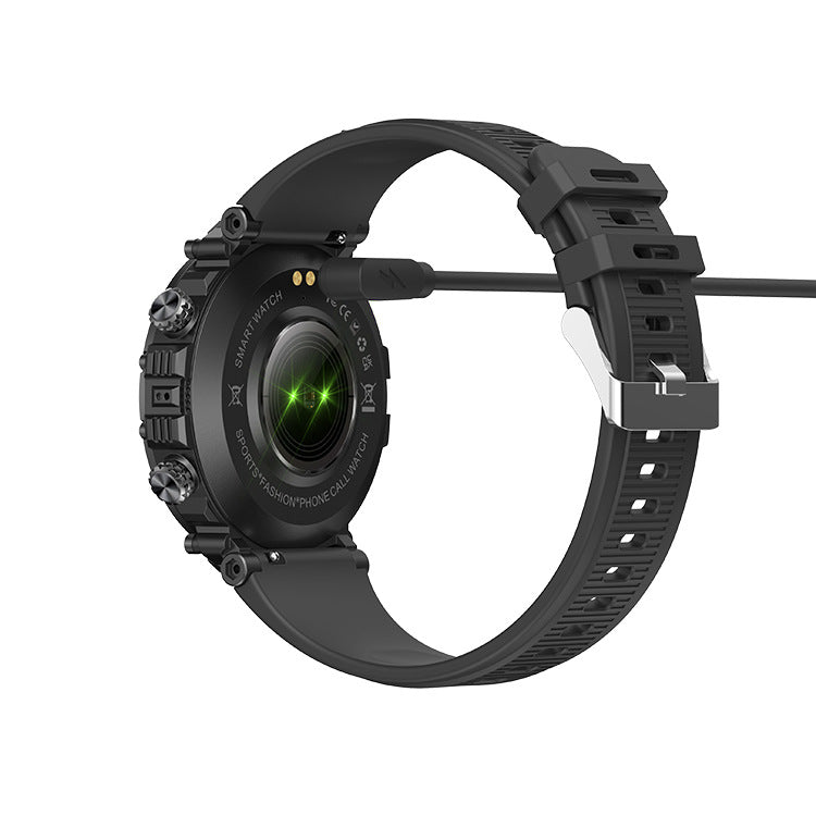 Black Trendoligy smartwatch with fitness tracking, Bluetooth calling, and charging cable connected