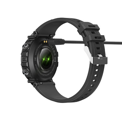 Black Trendoligy smartwatch with fitness tracking, Bluetooth calling, and charging cable connected