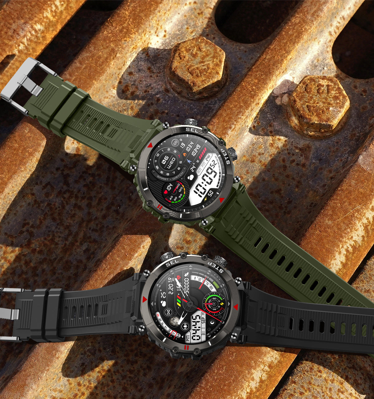 Two rugged smartwatches with fitness tracking on rusty metal surface, one with green and one black silicone strap