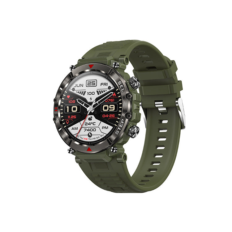 Trendoligy black smartwatch with green silicone strap, fitness tracker, heart rate and step count display