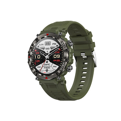 Trendoligy black smartwatch with green silicone strap, fitness tracker, heart rate and step count display