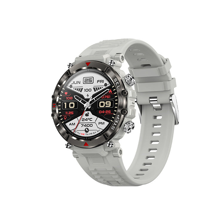 Trendoligy black smart watch with white strap, digital fitness tracker display showing date, steps, heart rate, and temperature