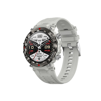 Trendoligy black smart watch with white strap, digital fitness tracker display showing date, steps, heart rate, and temperature