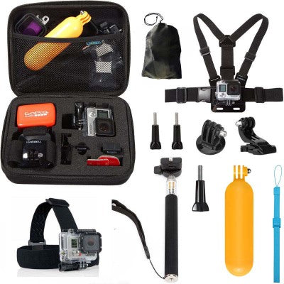Trendoligy sports camera accessories kit with waterproof case, chest strap, selfie stick, mounts, and float handle