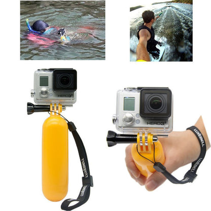 GoPro HERO3+ action camera with yellow floating hand grip mount for water sports and snorkeling