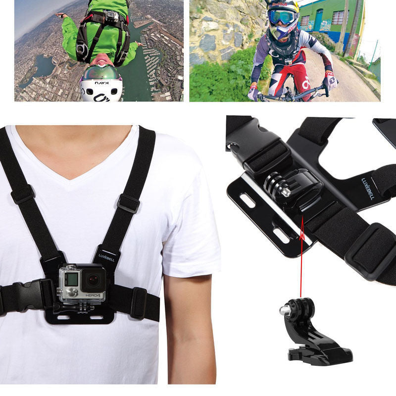 Black chest strap harness for action camera mounting shown worn on person and detached parts with adventure sports footage