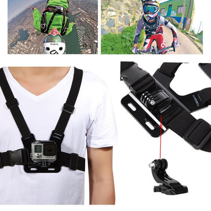 Black chest strap harness for action camera mounting shown worn on person and detached parts with adventure sports footage