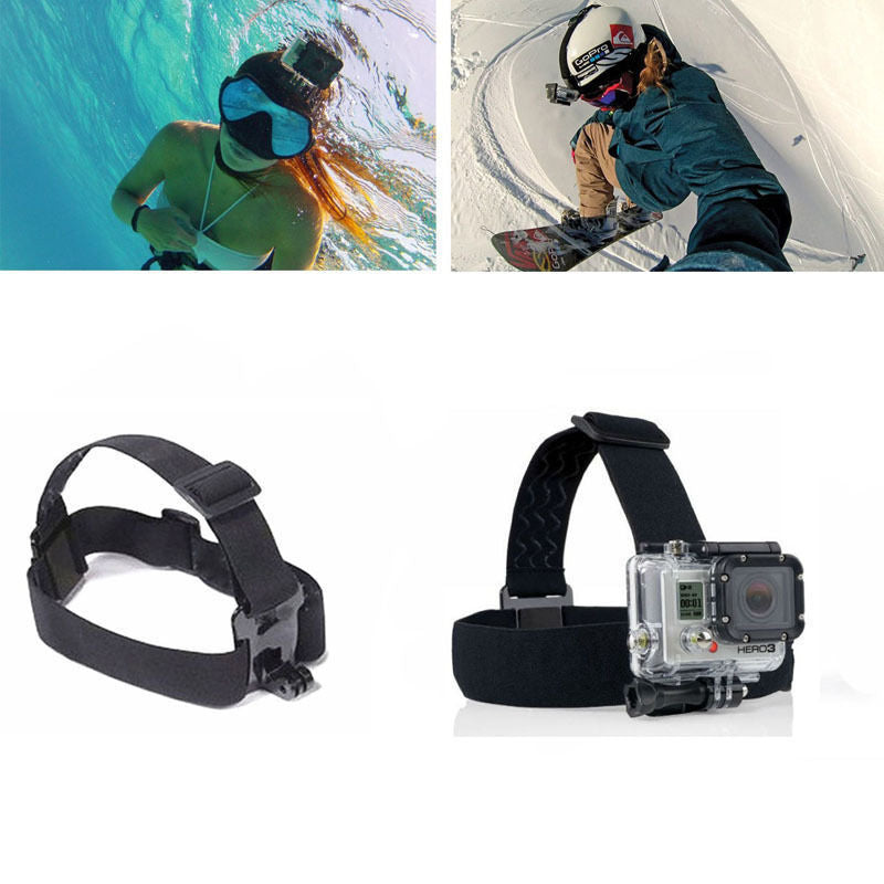 Black adjustable head straps for action cameras with underwater and snowboarding shots using mounted cameras
