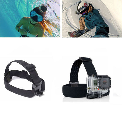Black adjustable head straps for action cameras with underwater and snowboarding shots using mounted cameras