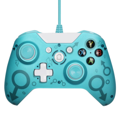 Light blue wired Xbox One controller with white buttons and black gender symbol graphics