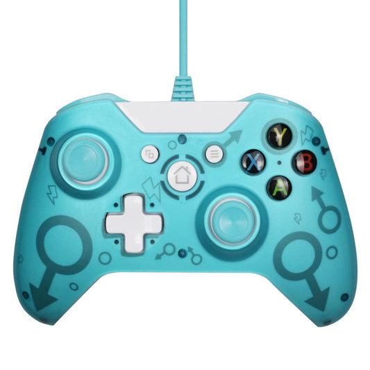 Light blue wired Xbox One controller with white buttons and black gender symbol graphics