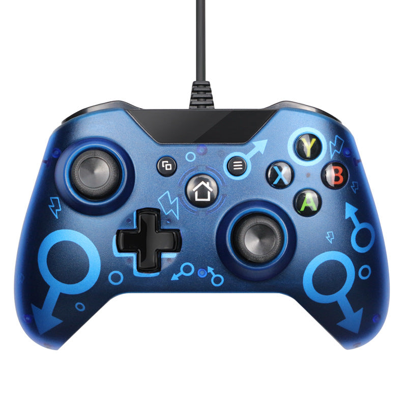 Blue wired Xbox One controller with black buttons and blue male gender symbol graphics