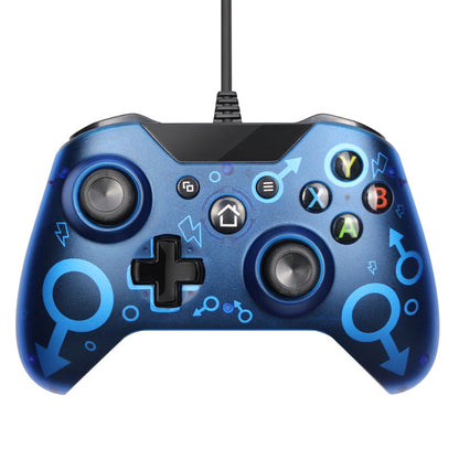 Blue wired Xbox One controller with black buttons and blue male gender symbol graphics