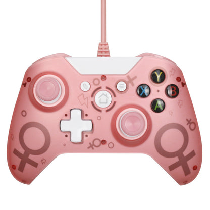 Pink wired USB Xbox One controller with white buttons and female gender symbol design